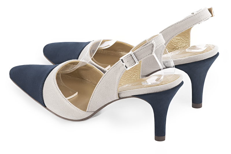 Navy blue and pearl grey women's slingback shoes. Tapered toe. High slim heel. Rear view - Florence KOOIJMAN